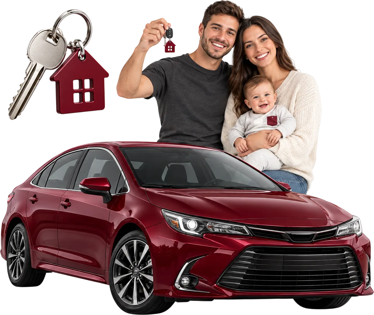 Família sorridente com as chaves da casa, atrás de um carro vermelho