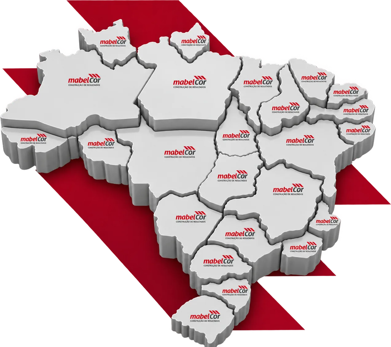 Mapa do Brasil em relevo com os 27 estados, sobre uma faixa diagonal bordô
