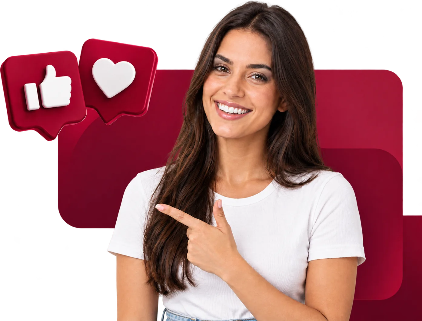 Mulher sorrindo e apontando para o texto, ao lado de ícones de curtida e coração